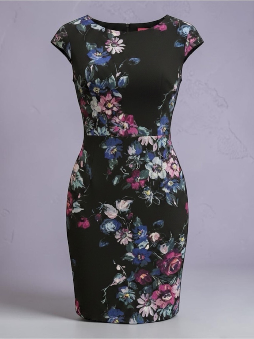 Betsey Johnson Black Floral Cap-Sleeve Sheath Dress